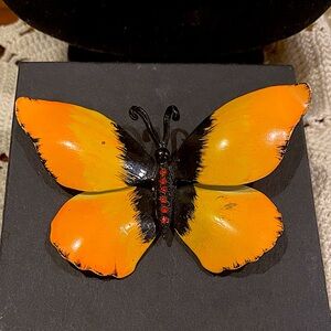 Orange and Black Enameled Metal Butterfly Brooch